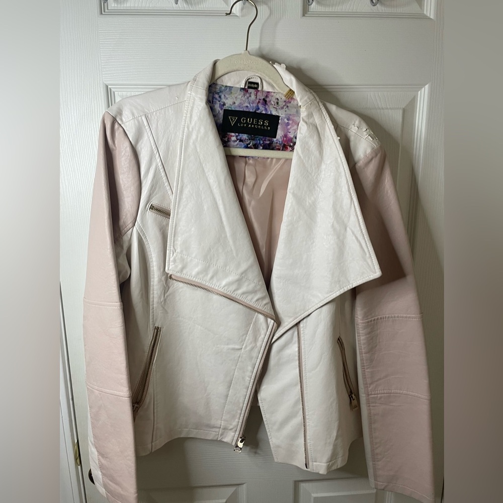 Guess White and Pink Leather Jacket Classic Style